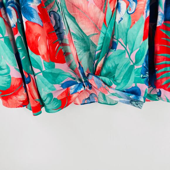 Zara Wrap Poplin Top Floral Print Blue Green Red Cropped 3/4 Sleeve Sz L - Picture 5 of 9